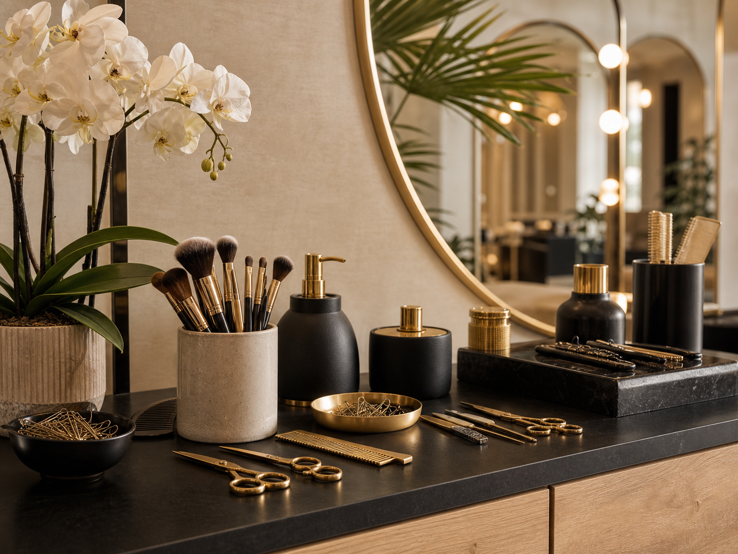 Sminkeszközök és termékek elrendezve az önsmink oktatáshoz